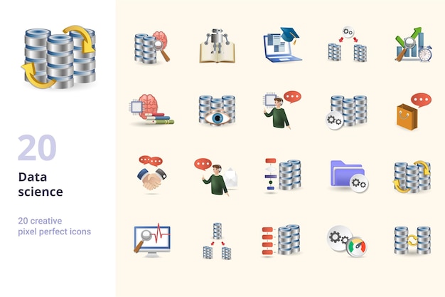 Data science set creative icons data mining machine learning