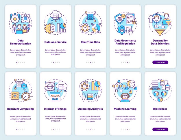 Data science trends and technology onboarding mobile app screens set