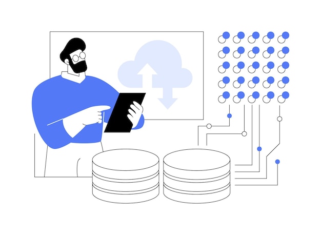 Illustrazione vettoriale del concetto astratto dello scienziato dei dati uomo sicuro che lavora con la moderna tecnologia it dei big data, visualizzazione, trasferimento dei dati, algoritmo di apprendimento automatico, metafora astratta