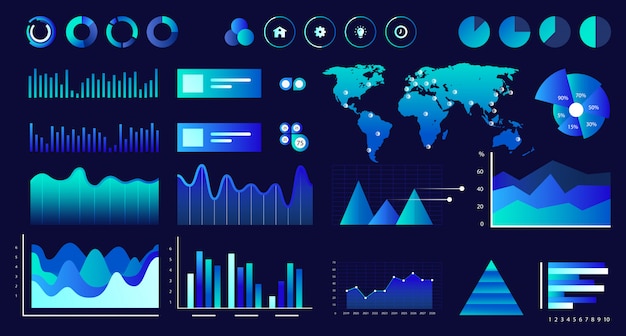 Vector data screen of assorted vector graphs, charts, diagrams.