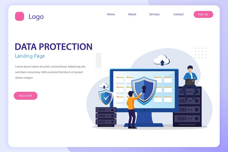Vector data security concept people work on screen protecting data and files flat vector template