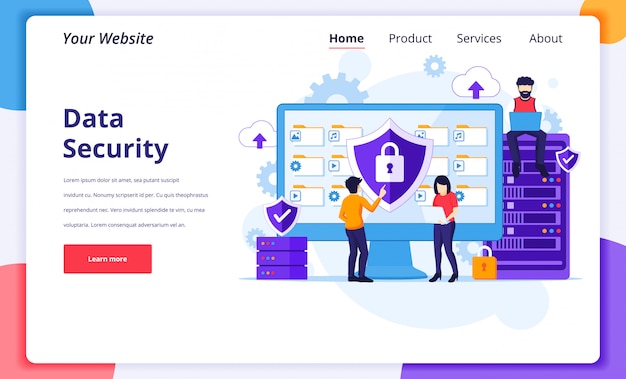 Vector data security concept, people work on screen protecting data and files. landing page design template