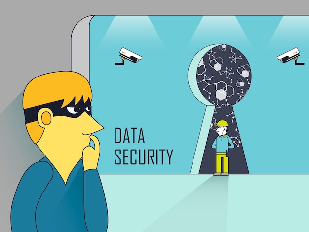 Data security concept with theft and security guards in line style