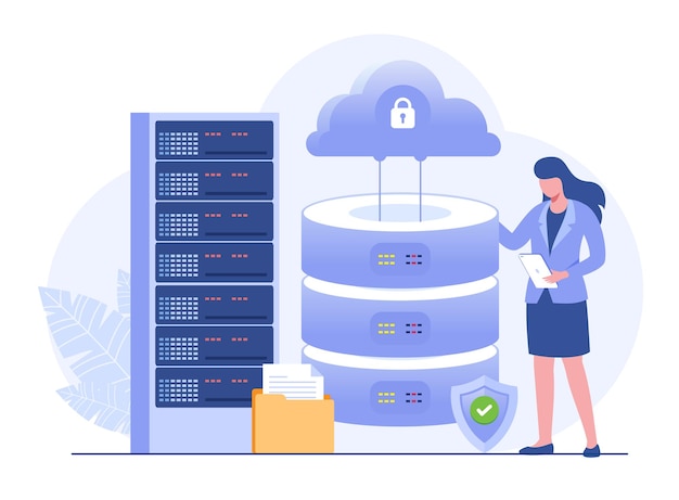ベクトル データ サーバーのコンセプト ストレージ テクノロジー クラウド システム データベース 人々 のシーンのテンプレート ウェブサイト フォルダー データ センターのフラット デザインでキャラクターの活動を含むベクトル図