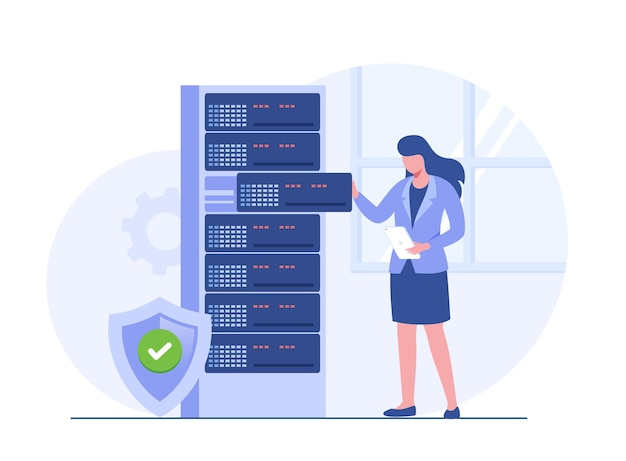 Concetto di server dati tecnologia di archiviazione database di sistema cloud modello di scena di persone illustrazione vettoriale con attività di carattere in design piatto per il data center della cartella del sito web