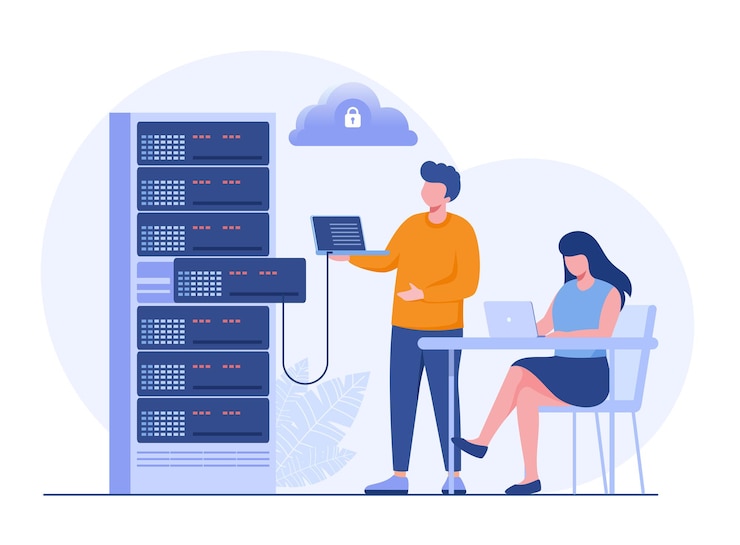 Vector data server concept storage technology cloud system database template of people scene vector illustration with character activities in flat design for website folder data center