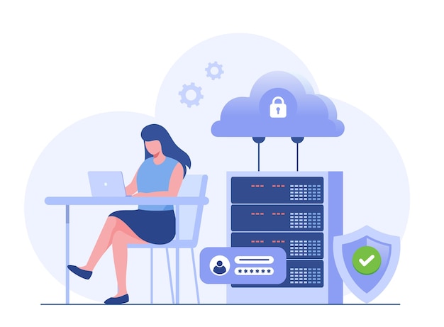 Concetto di server dati tecnologia di archiviazione database di sistema cloud modello di scena di persone illustrazione vettoriale con attività di carattere in design piatto per il data center della cartella del sito web