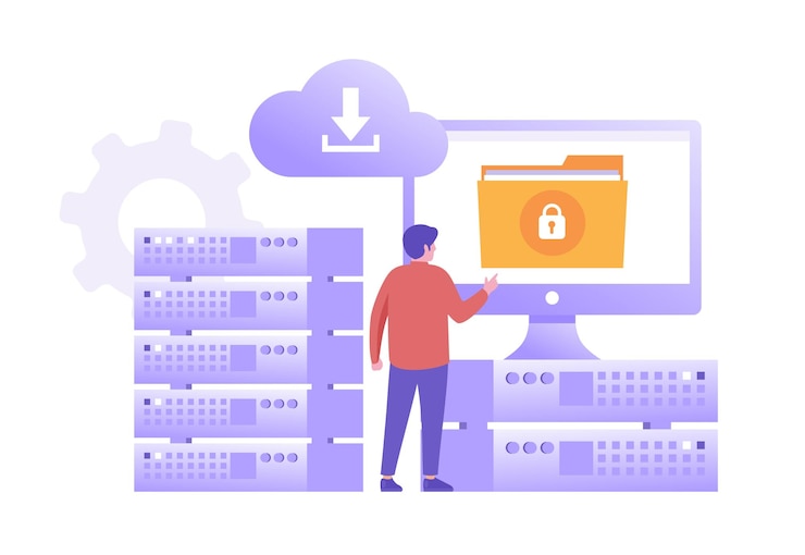 Vector data server concept storage technology cloud system database template of people scene vector illustration with character activities in flat design for website folder data center