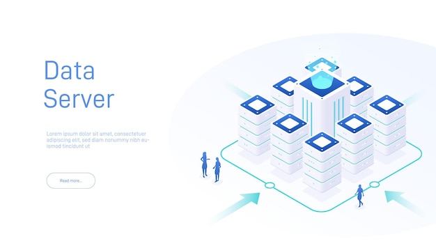 벡터 이소메트릭 3d 데이터 센터 (data center) 또는 데이터 센터  배경 데이터 스토리지 개념