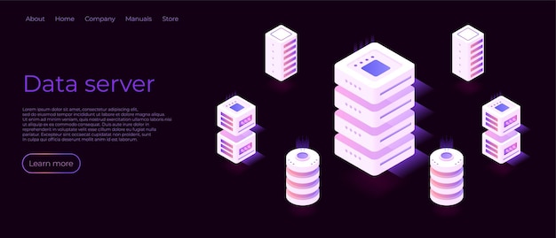 データサーバーアイソメトリックランディングページデータベーステクノロジーホスティングサーバールームのコンセプトベクターアイソメトリックコンセプト