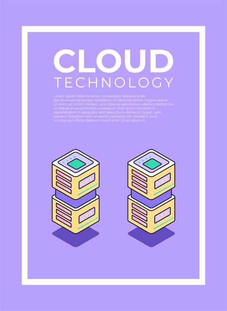 Data server poster concept cloud server technology in retro style isometric cover big data concept on purple background vector illustration