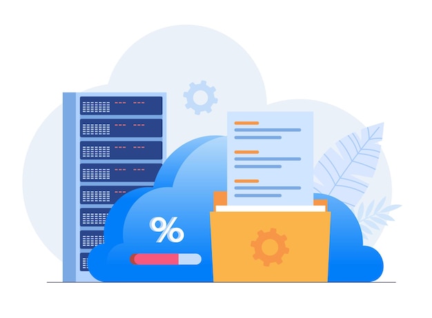 Concetto web server dati database tecnologia di archiviazione modello di scena persone illustrazione vettoriale con attività di carattere in design piatto per il data center della cartella del sito web