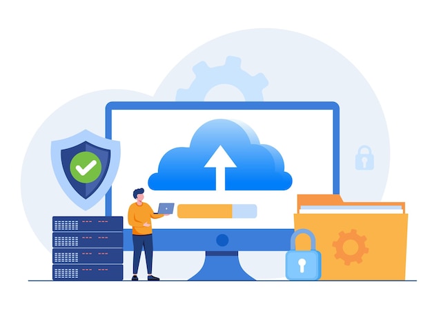 Vettore concetto web del server dati database della tecnologia di archiviazione modello di scena di persone illustrazione vettoriale con attività di carattere in design piatto per la cartella del sito web