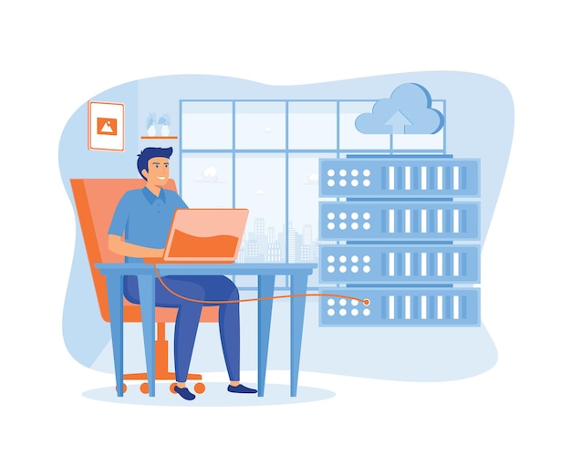 Data server web concept Technician works in server room racks Cloud storage technology database