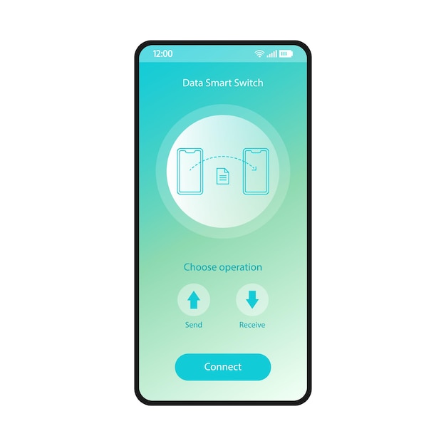 Data smart switch app mobile interface vector template. smartphone page blue design layout. phones synchronization application screen. files transfer, recovery flat gradient ui. connect button display