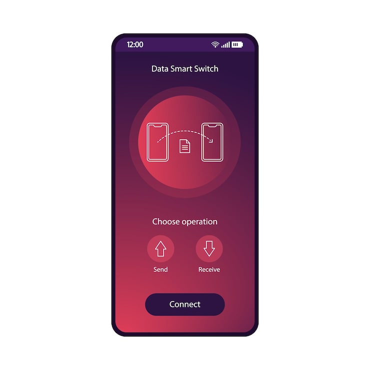 Vector data smart switch app mobile interface vector template smartphone page purple design layout switching phones synchronization application screen files transfer flat gradient ui features display