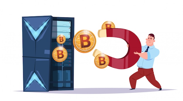 Vettore centro di bitcoin per l'archiviazione dei dati con server e personale di hosting. concetto di valuta crittografica di supporto di comunicazione di estrazione mineraria del computer