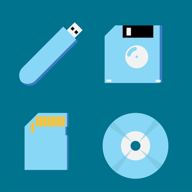 data storage computer flat design, usb flash drive, floppy disk, DVD, and sd card