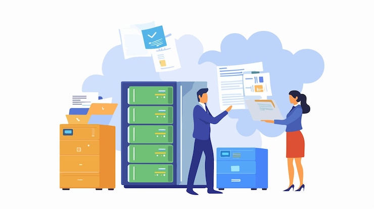 Vector data storage concept with diverse people male and female working together with technology