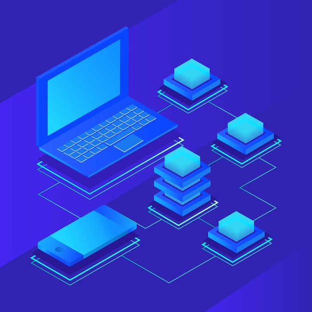 Vector data storage servers, blockchain technology isometric concept. vector illustration