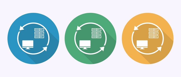 Vector data synchronization and backup process computer server connection network integration system illustration