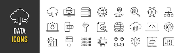 Vector data web icons in line style statistics analysis database server processing data collection vector illustration