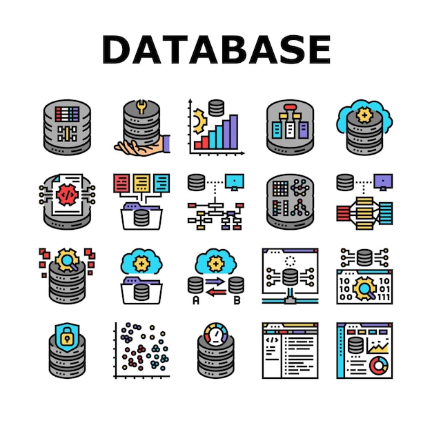 벡터 데이터베이스 관리자 서버 아이콘 설정  ⁇ 터 기술 비즈니스 노트북 컴퓨터 클라우드 시스템 네트워크 엔지니어 인터넷 데이터베이스 관리자 서버 컬러 라인 일러스트레이션