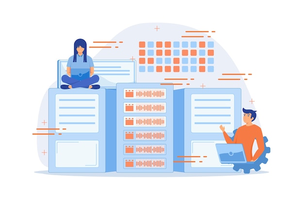 Vector database analysts with laptops working with data in the center. big data storage,