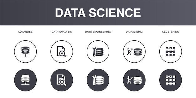 Database data analyse data engineering data mining clustering iconen set ontwerpsjabloon creatief concept iconen set 5 elementen layout