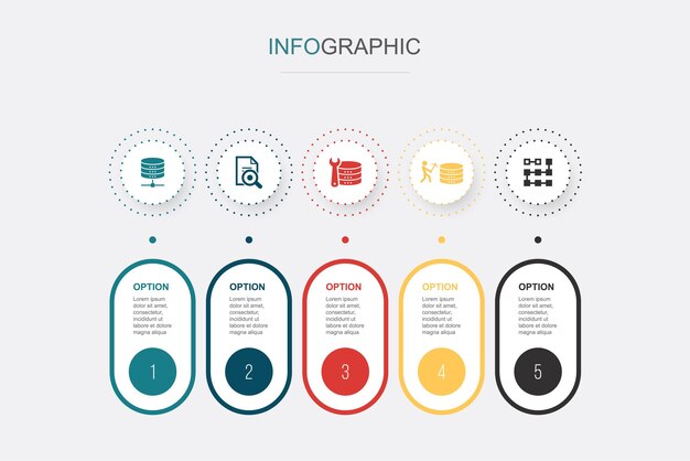 Analisi dei dati del database ingegneria dei dati icone di clustering di data mining modello di progettazione infografica concetto creativo con 5 passaggi