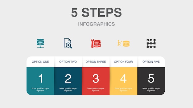 Vettore analisi dei dati del database ingegneria dei dati icone di clustering di data mining modello di progettazione infografica concetto creativo con 5 passaggi