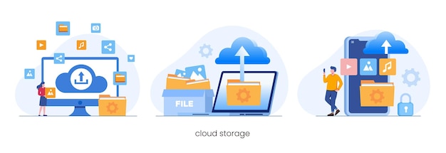 Concetto di protezione del database, data center, gestione dei file, illustrazione piatta di archiviazione cloud