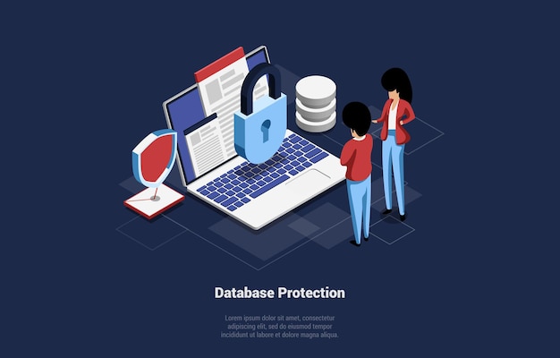 Vector database protection   illustration. isometric cartoon composition of big laptop with lock, male and female characters standing near. infographic sign, lock mail object. lorem ipsum writing.