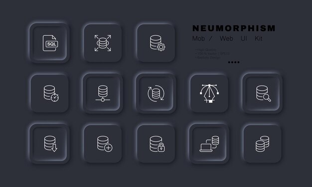 Database set icon storage sql structured query language settings sync synchronization renew magnifier arrow plus add lock store the data concept neomorphism style vector line icon