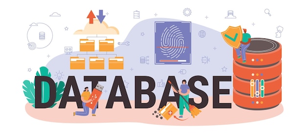 Intestazione tipografica del database. manager che lavora al data center. protezione dei dati, backup e ripristino. tecnologia informatica moderna, professione it. illustrazione vettoriale piatta