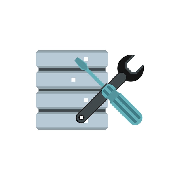 Database with screwdriver and spanner icon in flat style on a white background