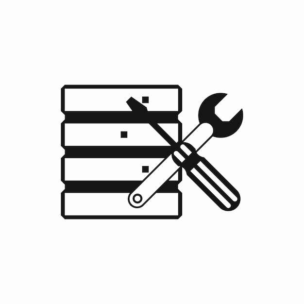 Database with screwdriverl and spanner icon in simple style isolated on white background