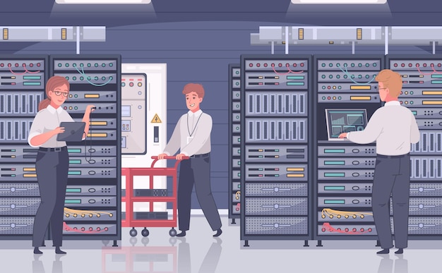 Datacenter cartoon compositie met binnenaanzicht van kamer met serverkasten en doodle karakters