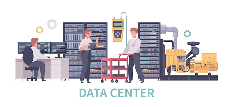 Vector datacenter cartoon composition with gear icons and characters of working technicians with computer and server racks illustration