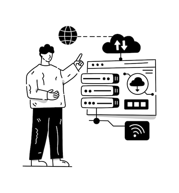 Vector datacenter connected with website hand drawn illustration of database storage