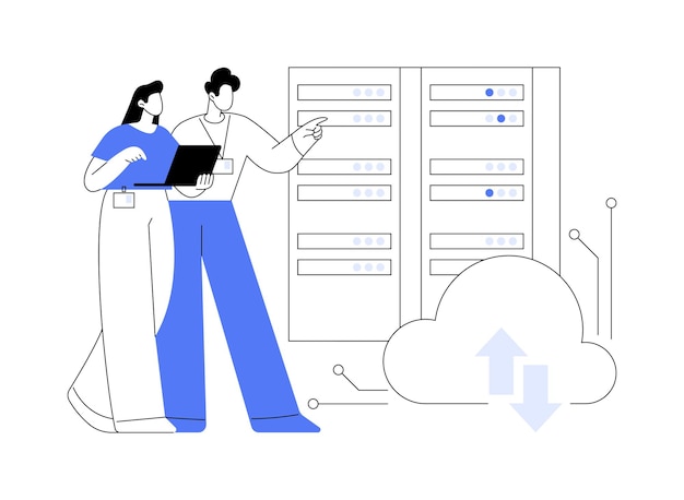 Vettore gestore di datacenter illustrazioni vettoriali di cartoni animati isolati lavoratori di datacenter con laptop che discutono