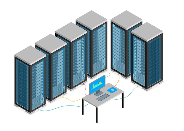 Datacenter met meubels en apparatuur isometrische weergave Vector