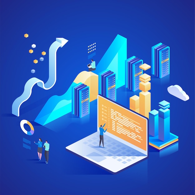 Datacenter services. internet data center connection, administrator of web hosting concept.  isometric illustration for landing page, web design, banner and presentation.