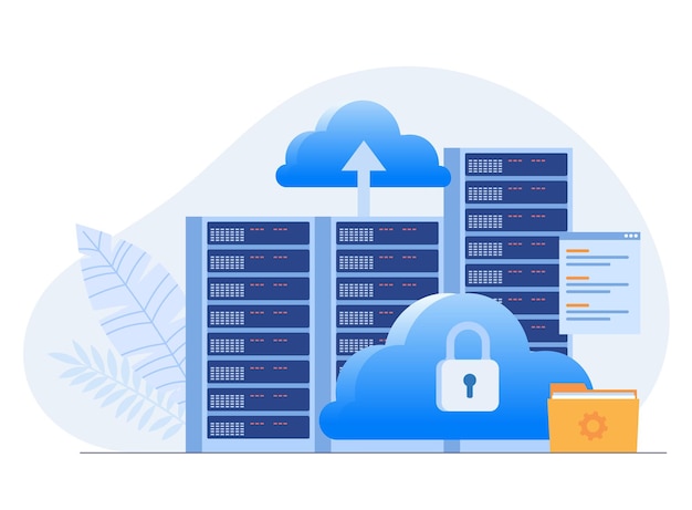 Dataserver webconcept Opslagtechnologie database Sjabloon van mensenscène Vectorillustratie met karakteractiviteiten in plat ontwerp voor websitemap datacenter