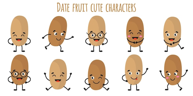 Vector date fruit cute funny cheerful characters with different poses and emotions. natural vitamin antioxidant detox food collection.   cartoon isolated illustration.