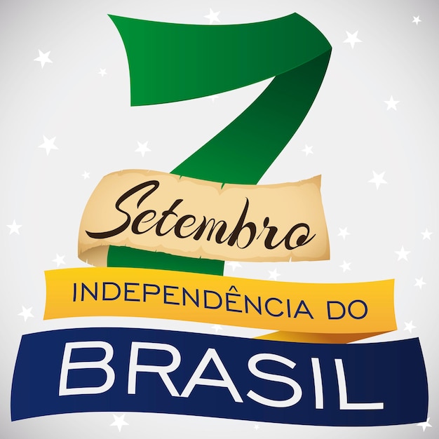 独立記念日の挨拶メッセージを形成するブラジルの色の日付スクロールとリボン