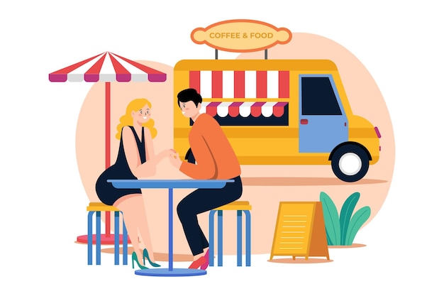 Date at street food cafe illustration concept on white background
