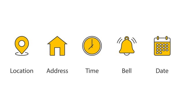 Data, ora, indirizzo, posizione, icona campana, illustrazione vettoriale icona impostata su sfondo isolato concetto di segno di avviso