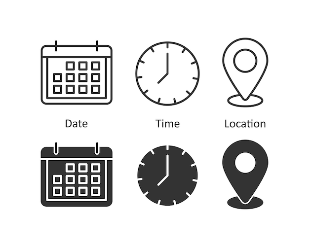 Date Time Address or Place Location hour line icons set editable stroke isolated on white linear vector outline illustration symbol logo design style