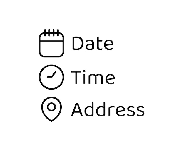 Значок адреса даты и времени. Символ местоположения календарных часов. Знак данных о событии.